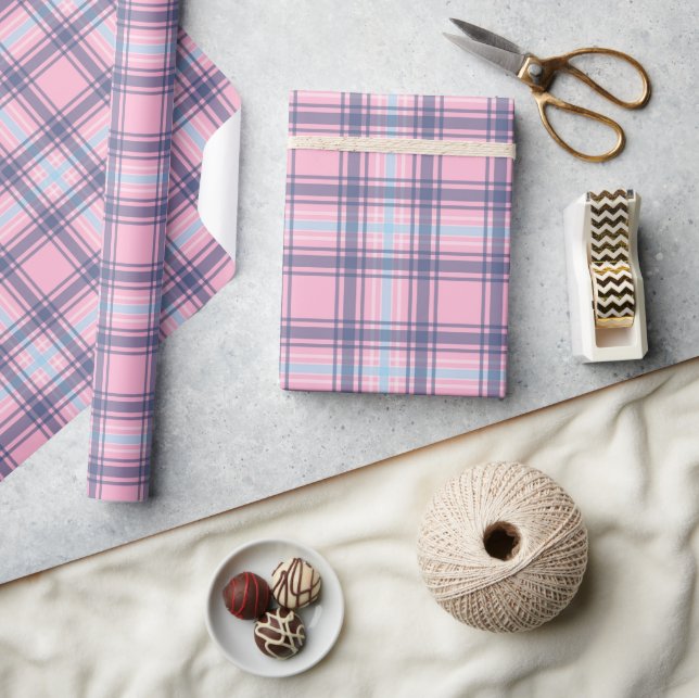 Papier Cadeau Noël Fun Rose Et Tartan Bleu (Artisanat)