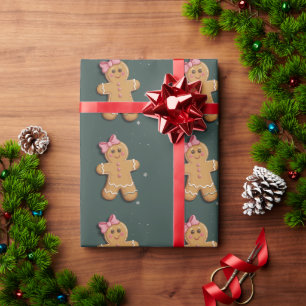 Papier Cadeau Noël Gingerbread Girl Pink Bow Coquette