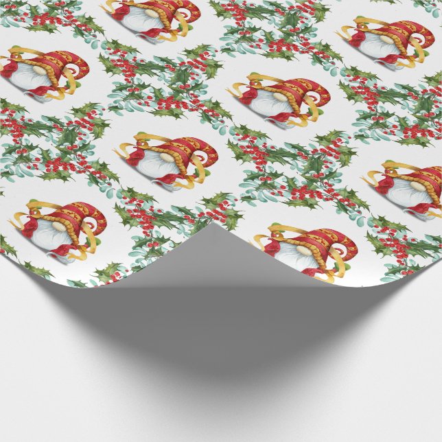 Papier Cadeau Noël Gnomes Holly Wreath Aquarelle Vacances (Coin)