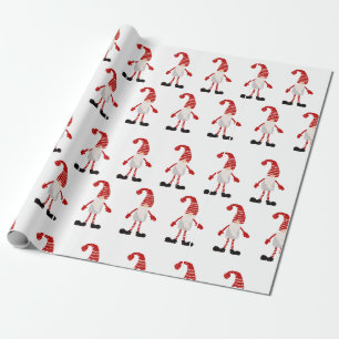 Papier Cadeau Noël Gnomes Rouge Blanc Gris Gris Motif