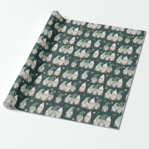 Papier Cadeau Noël Gnomes Vert Or tendance Scandinave