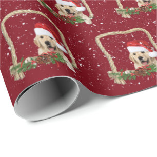 Papier Cadeau Noel Golden Retriever dans cadre de corde