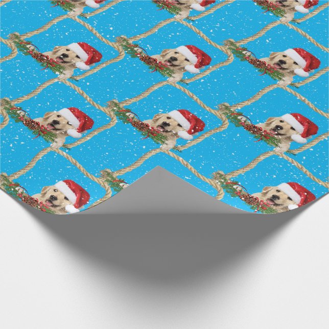 Papier Cadeau Noel Golden Retriever dans cadre de corde (Coin)