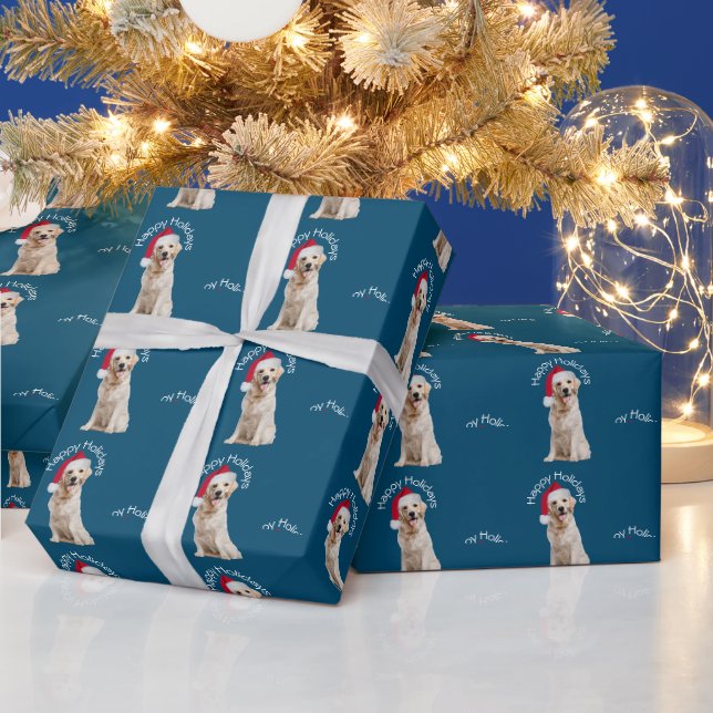 Papier Cadeau Noel Golden Retriever en bleu (Vacances)