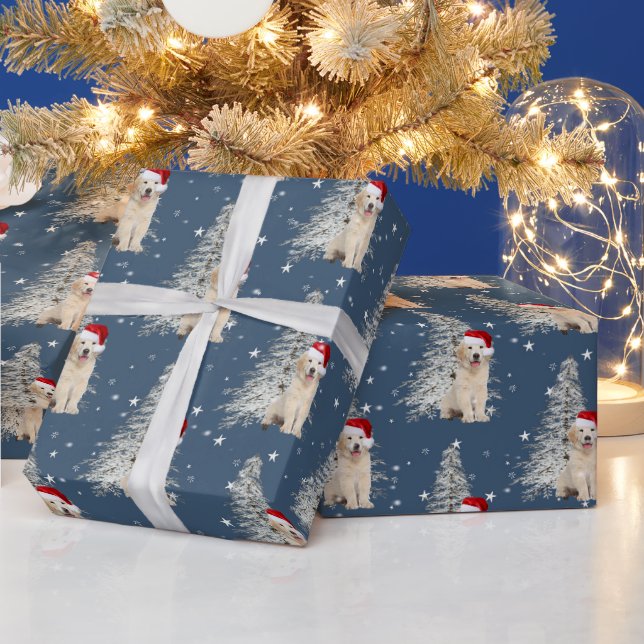 Papier Cadeau Noël Golden Retriever et l'arbre sur les étoiles (Vacances)