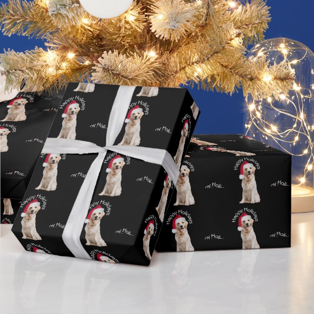Papier Cadeau Noel Golden Retriever sur le noir (Vacances)
