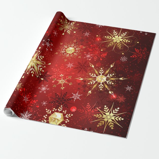 Papier Cadeau Noël Golden Snowflakes sur Arrière - plan rouge (Déroulé)