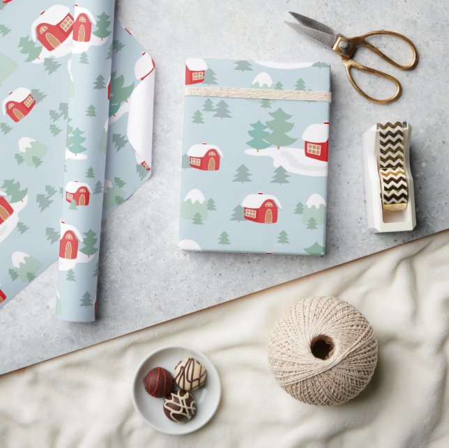 Papier Cadeau Noël hiver neige Cabine rouge | Vacances (Artisanat)