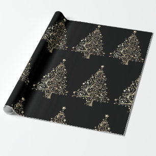 Papier Cadeau Noël Holiday Gold Tree Stars Noir 