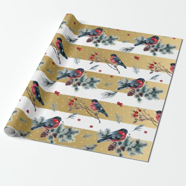 Papier Cadeau Noël holly & bullfinch blanc & or rayures (Déroulé)