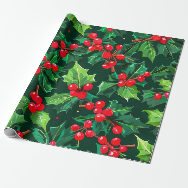 Papier Cadeau Noël Holly Feuilles et Motif Berries (Déroulé)
