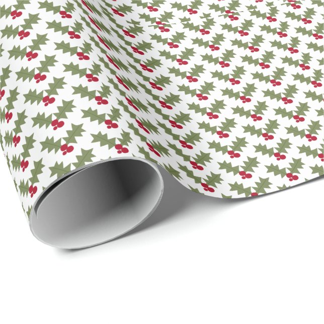 Papier Cadeau Noël Holly Red Berries Feuilles verts (Coin rond)