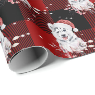 Papier Cadeau Noël Husky sur Buffalo Plaid