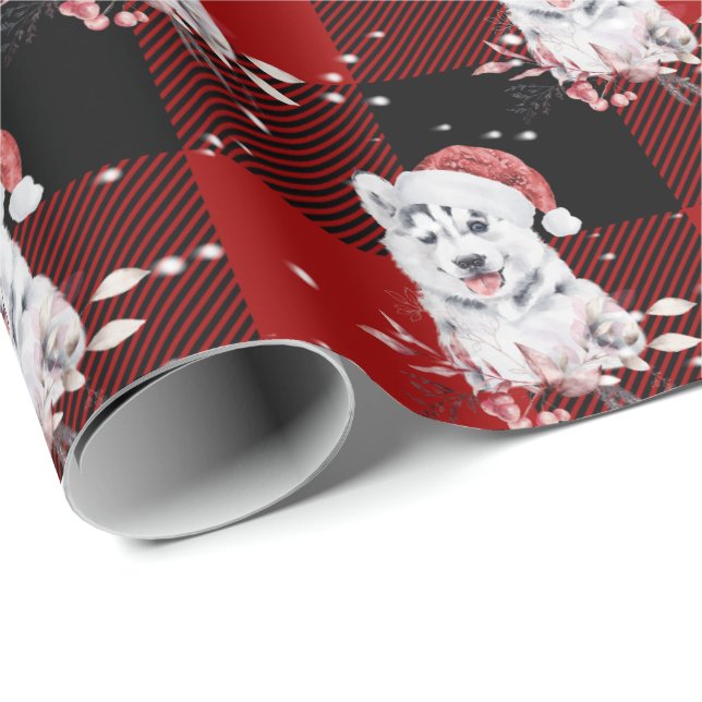 Papier Cadeau Noël Husky sur Buffalo Plaid (Coin rond)