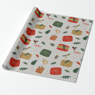 Papier Cadeau Noël illustré gris rouge et doré