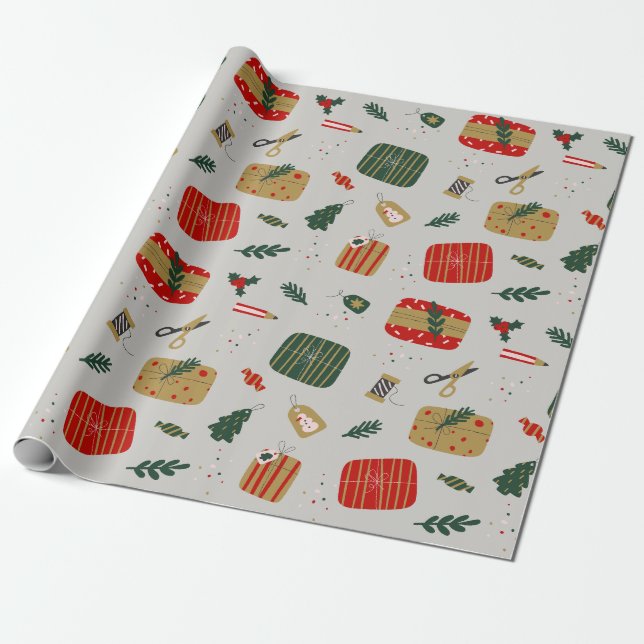 Papier Cadeau Noël illustré gris rouge et doré (Déroulé)