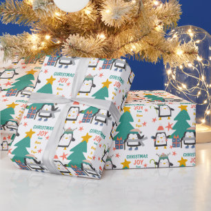 Papier Cadeau Noël Joie pingouins et arbre de Noël