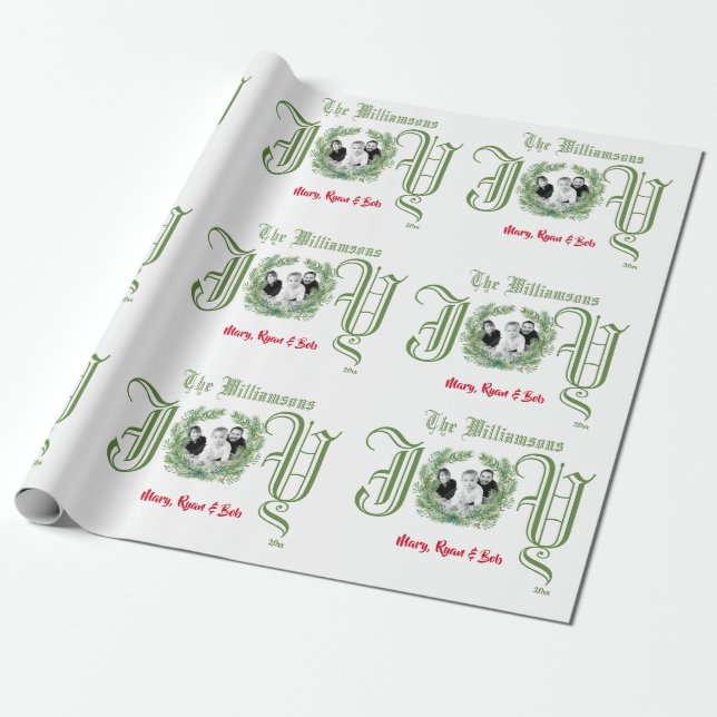 Papier Cadeau Noël JOY Green Wreath Photo Wrapper Paper (Déroulé)