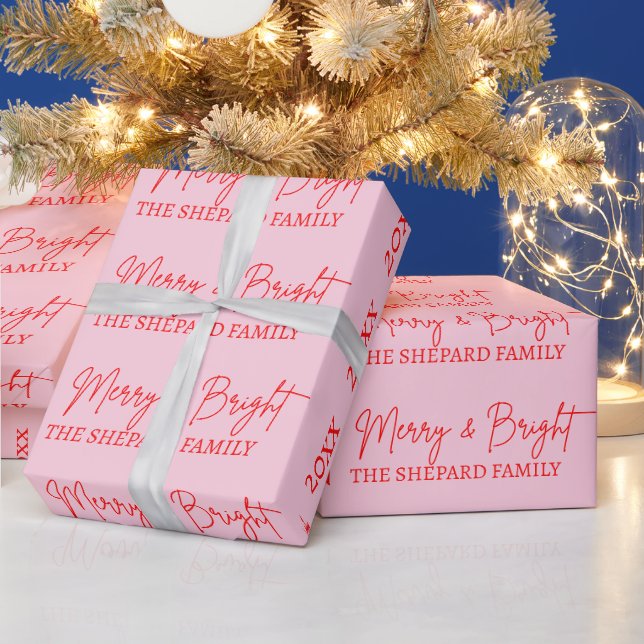 Papier Cadeau Noël Joyeux et rose rouge vif 2025 (Vacances)