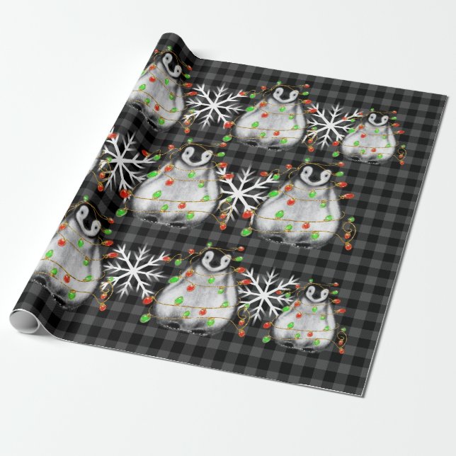 Papier Cadeau Noël mignon pingouin rouge lumières vert flocon de (Déroulé)