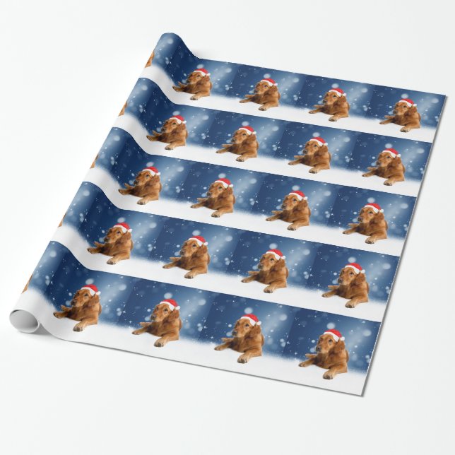 Papier Cadeau Noël Mignonne Golden Retriever Chien Santa Hat Nei (Déroulé)