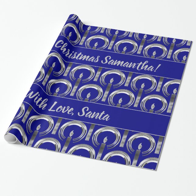 Papier Cadeau Noël moderne d'argent de bleu marine de bougie de (Déroulé)