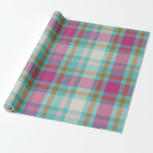 Papier Cadeau Noël moderne Plaid tartan rétro chaud rose aqua