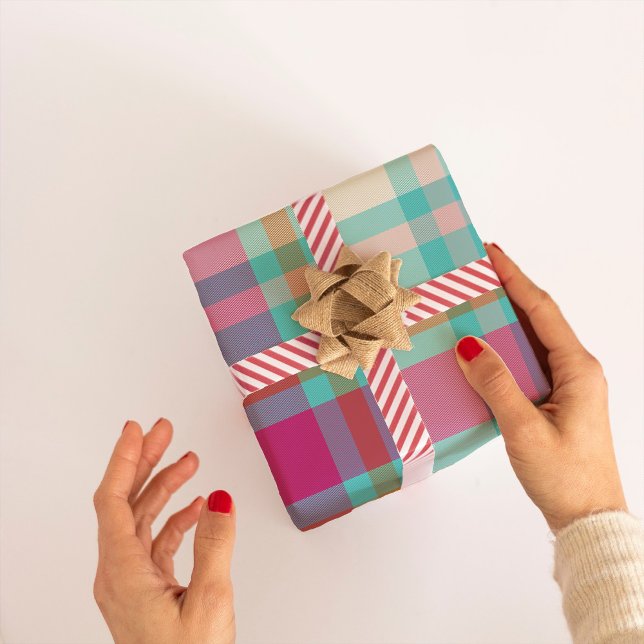 Papier Cadeau Noël moderne Plaid tartan rétro chaud rose aqua (Créateur téléchargé)