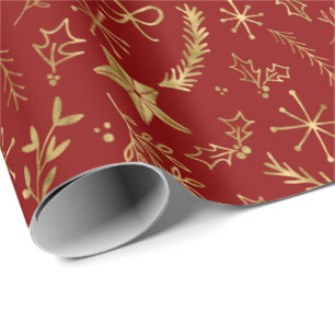 Papier Cadeau Noël - Motif de Noël Gold Shimmer - RED