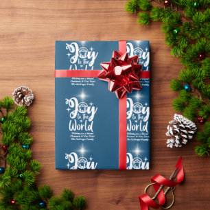 Papier Cadeau Noël Nativité Joie au monde Bleu & Blanc