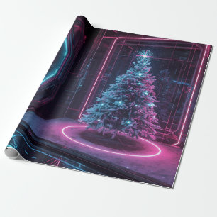 Papier Cadeau Noël Néon Futuriste – Fêtes Modernes de Science-Fi