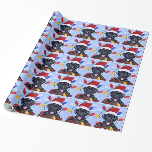 Papier Cadeau Noël noir Père Noël de chiot de Labrador (Déroulé)