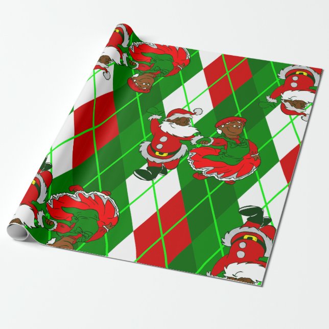 Papier Cadeau Noël noir père Noël femme plaid (Déroulé)