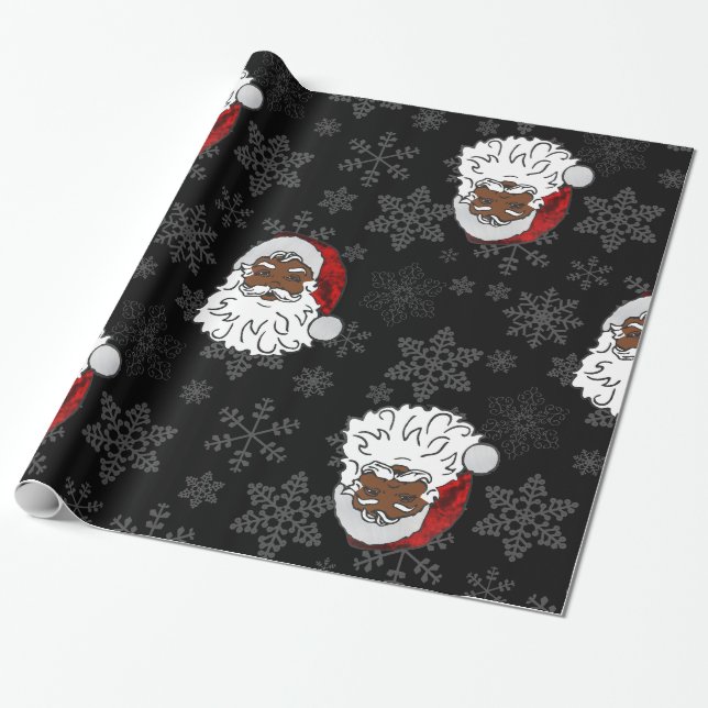 Papier Cadeau noël noir santa claus flocons de neige (Déroulé)