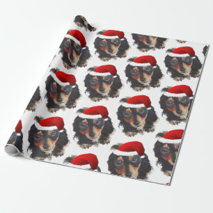 Papier Cadeau Noël noir Tan long haïr Doxie Santa Hat