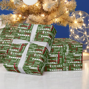 Papier Cadeau Noël Nom répétitif Vert Rouge Blanc Cadeau
