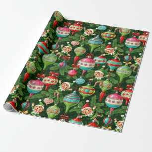 Papier Cadeau Noel nostalgique : Elfes et ornements