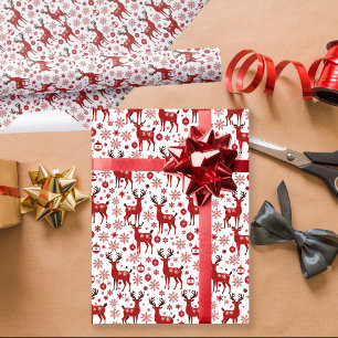Papier Cadeau Noël Ornement de flocon de neige rouge renne