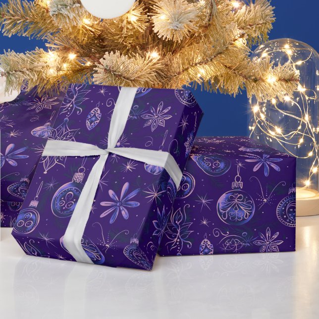 Papier Cadeau Noël Ornements Lumières Floral Violet Noël (Vacances)
