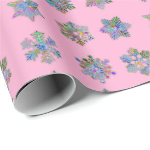 Papier Cadeau Noël papier d'emballage rose motif flocons de neig