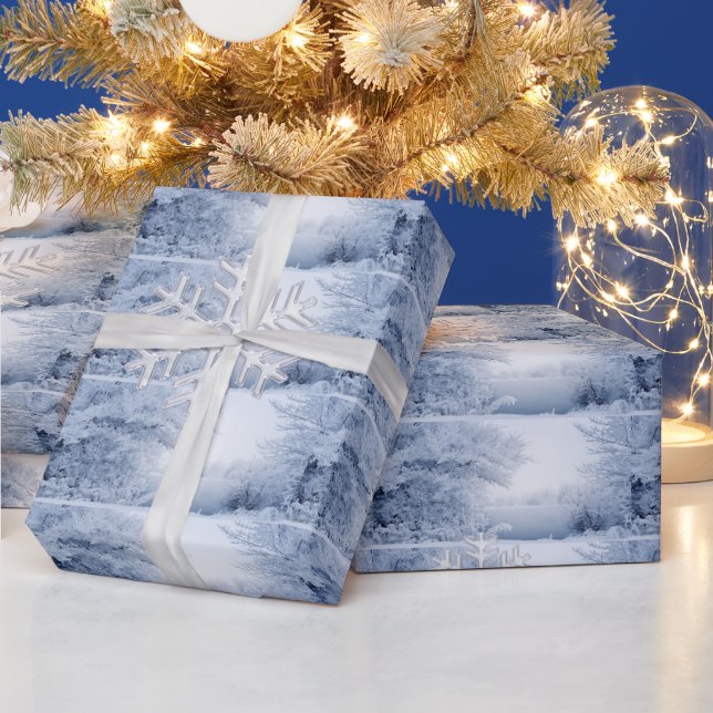 Papier Cadeau Noël Paysage d'Hiver en Verre Flocons de Neige  (Vacances)