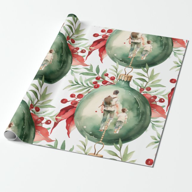 Papier Cadeau Noël Père Papa Fils Aquarelle Ornement (Déroulé)