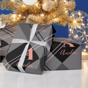 Papier Cadeau Noël Personnalisé Plaid Grey noir rose
