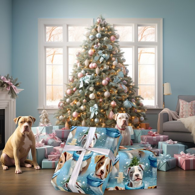 Papier Cadeau Noël Piebald Pitbull Pups Bleu Écharpe (Créateur téléchargé)