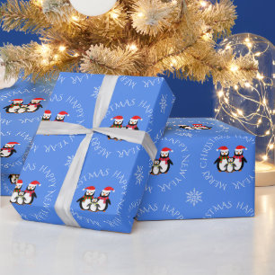 Papier Cadeau Noël pingouin famille texte personnalisé bleu
