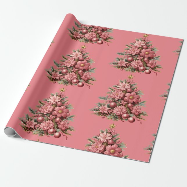 Papier Cadeau Noël Pink Noël Arbre cadeau Envelopper (Déroulé)