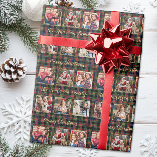 Papier Cadeau Noël Plaid Custom Gold Famille 6 Photo Collage