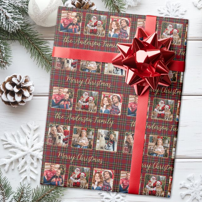 Papier Cadeau Noël Plaid Gold Custom Family 6 Photo Collage (Créateur téléchargé)