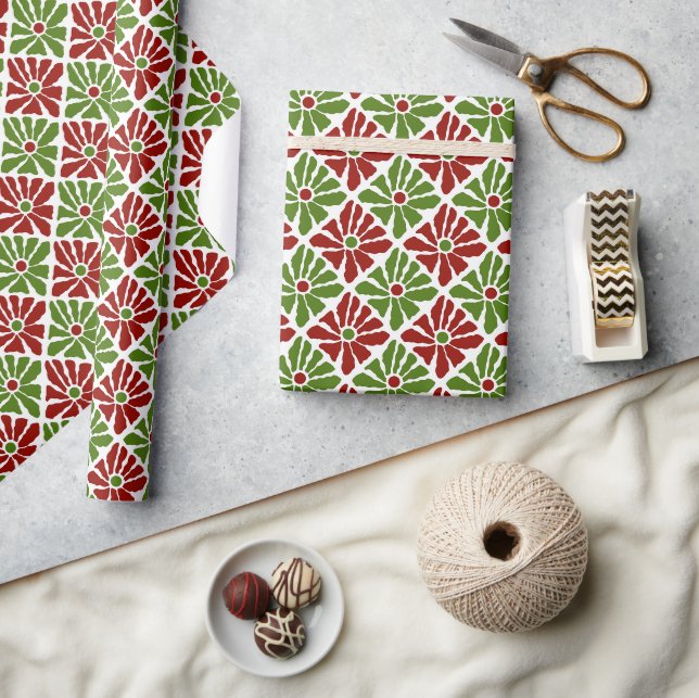 Papier Cadeau Noël Poinsettia Fleurs funky Rouge et Vert (Artisanat)