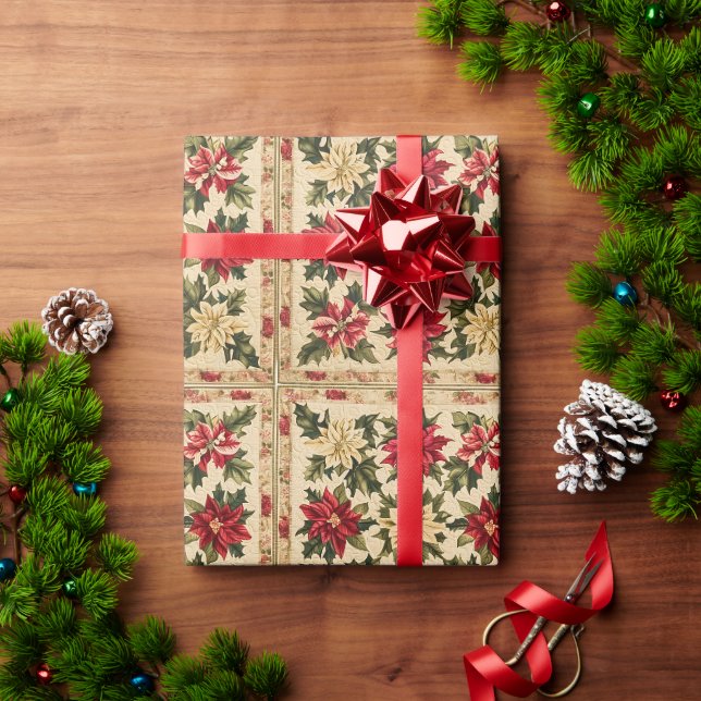 Papier Cadeau Noël Poinsettia Motif Avec Rouge Et Or (Cadeau de vacances)